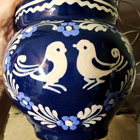 Artist Signed Vintage Blue Art Pottery Pitcher Floral Love Birds Boho Folk Art - Picture 3 of 9